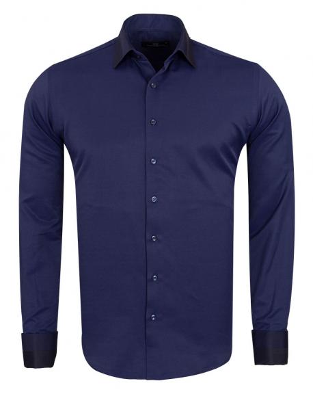 SL 6745 Men's dark blue double cuff shirt with ornament print details & cufflinks
