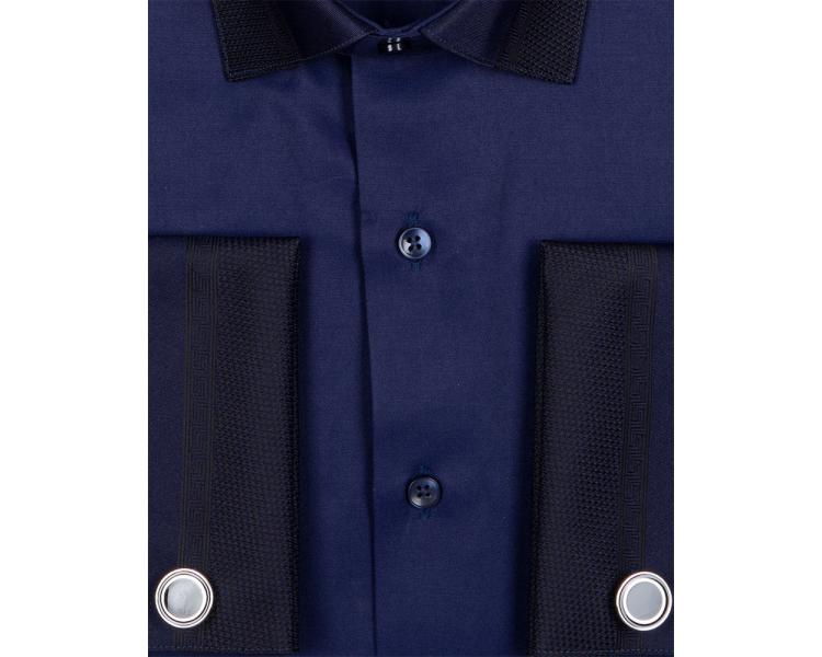 SL 6745 Men's dark blue double cuff shirt with ornament print details & cufflinks Men's shirts
