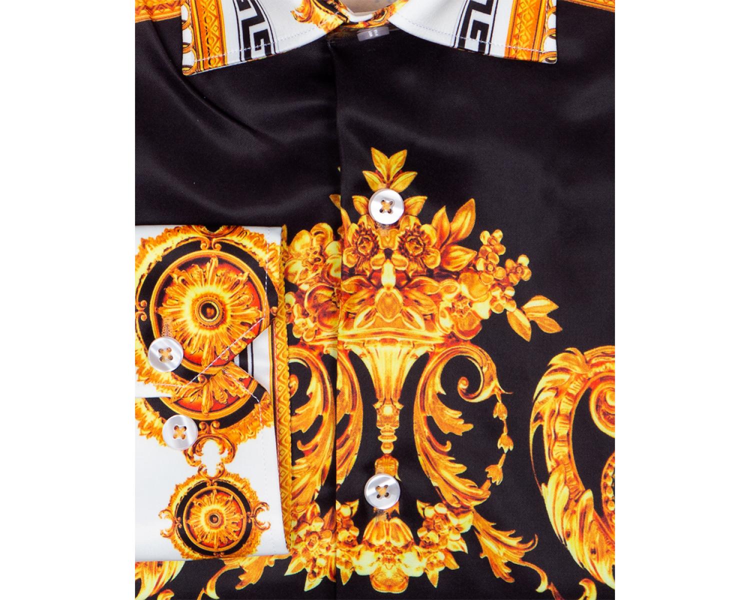 Oscar Banks Black Baroque Print Satin Long Sleeve Mens Shirt