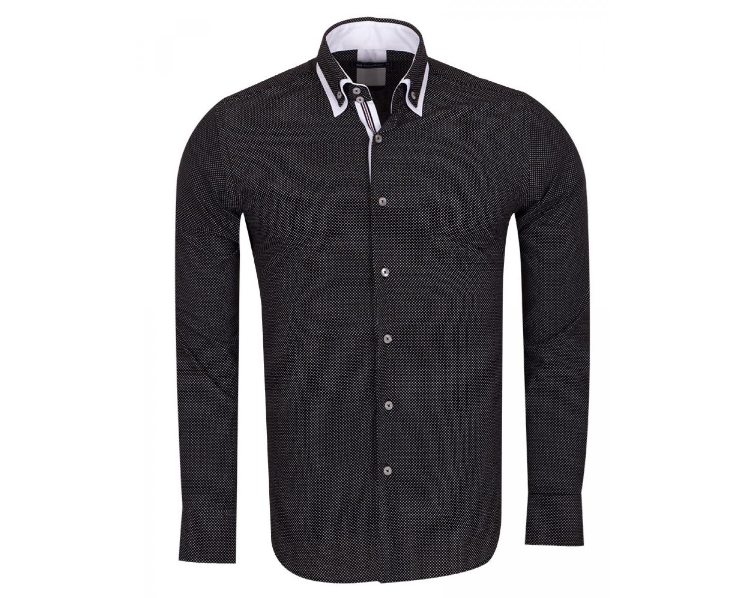 SL 6653 Men's black & white double collar polka dot print long sleeved ...