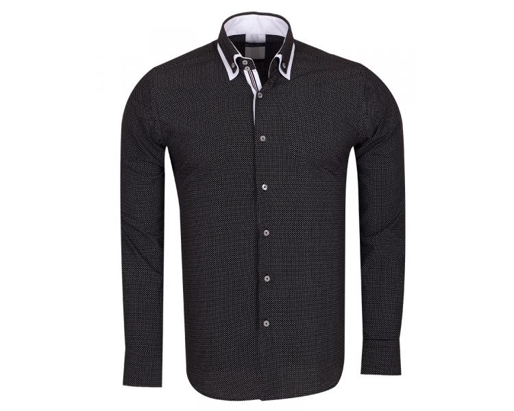 SL 6653 Men's black & white double collar polka dot print long sleeved shirt Men's shirts