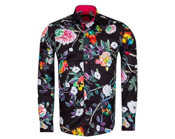 SL 6961 Men's black floral print long sleeved shirt Men's shirts