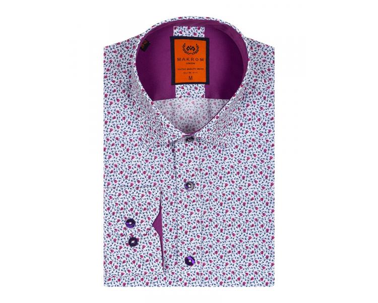 SL 6686 Men's white & purple flowers print long sleeved shirt Men's shirts