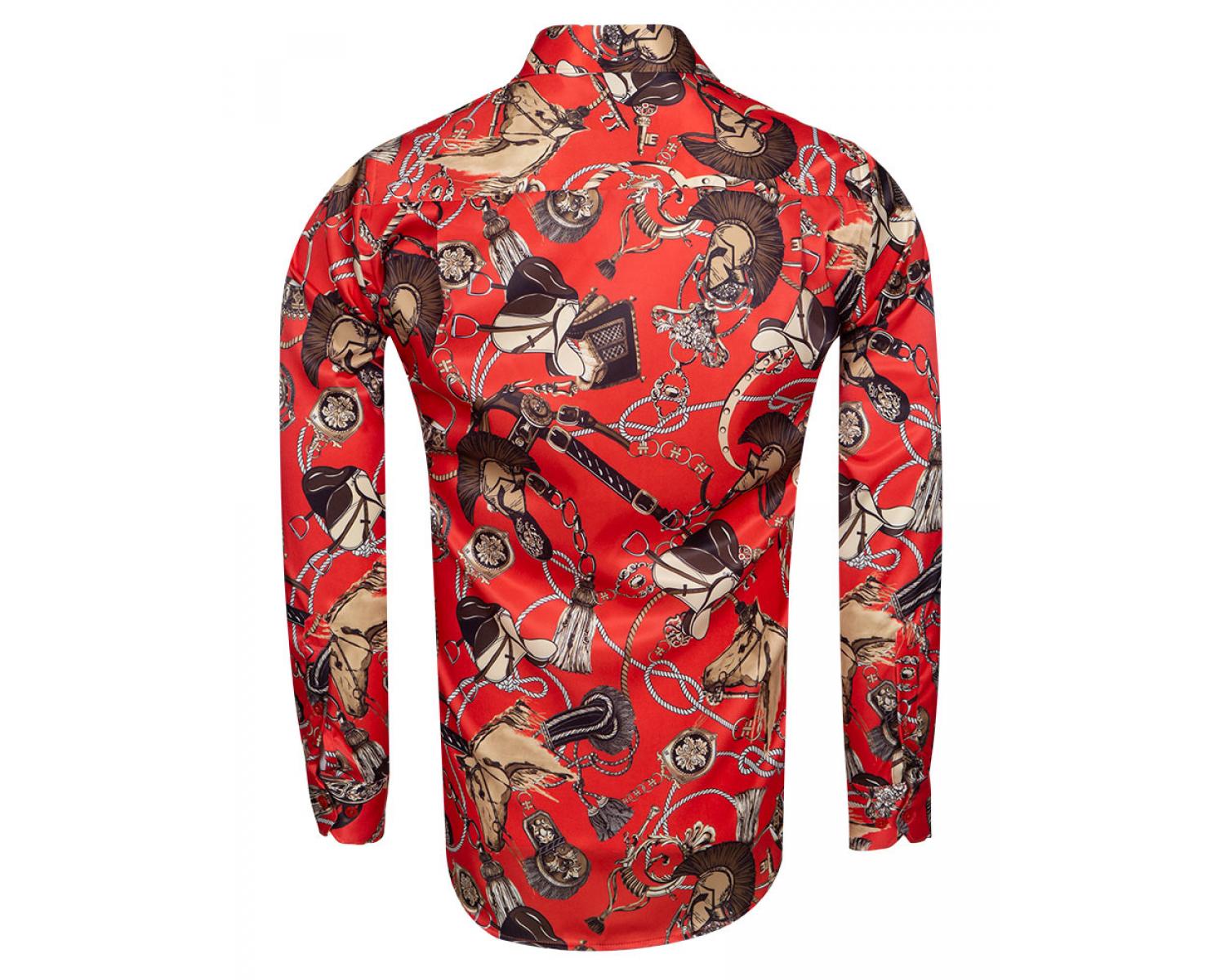 SL 6772 Men's red ropes & horses print long sleeved satin shirt ...