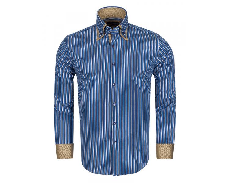 SL 5187 Men's light blue stripe & dot print double collar long sleeved cotton shirt Men's shirts