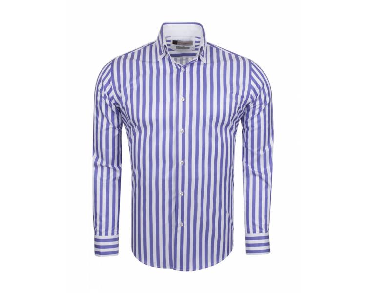 Mens Purple Blue Aqua White Striped VIP Button Up Long Sleeve Collar Dress Shirt 