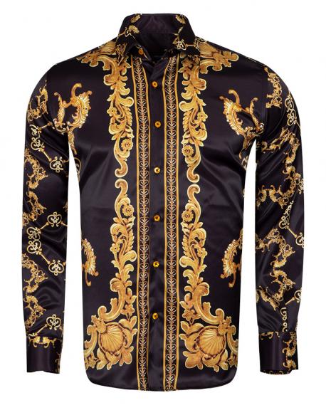 SL 6940 Men's black & gold print long sleeved satin shirt