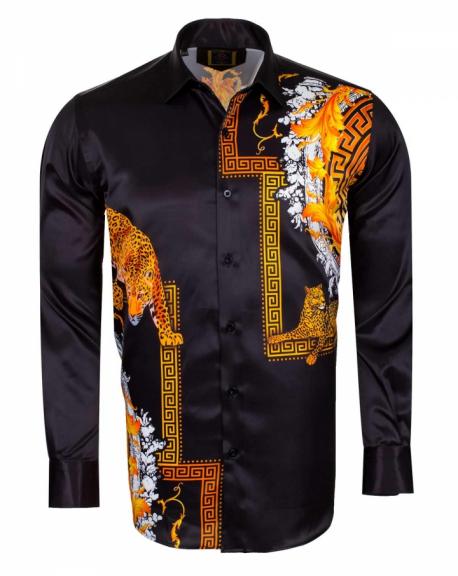 SL 6546 Men's black signature leopard print satin shirt