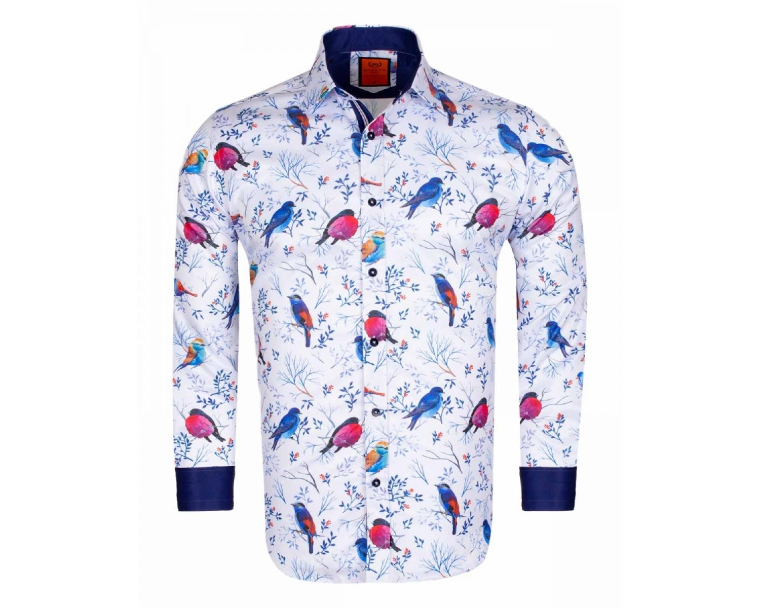 Askfv Men's Casual Flying Bird Print Stand Collar Shirt Long Sleeve Button  Tops