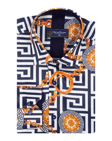 SL 7094 Men's dark blue & white Versace style print satin shirt