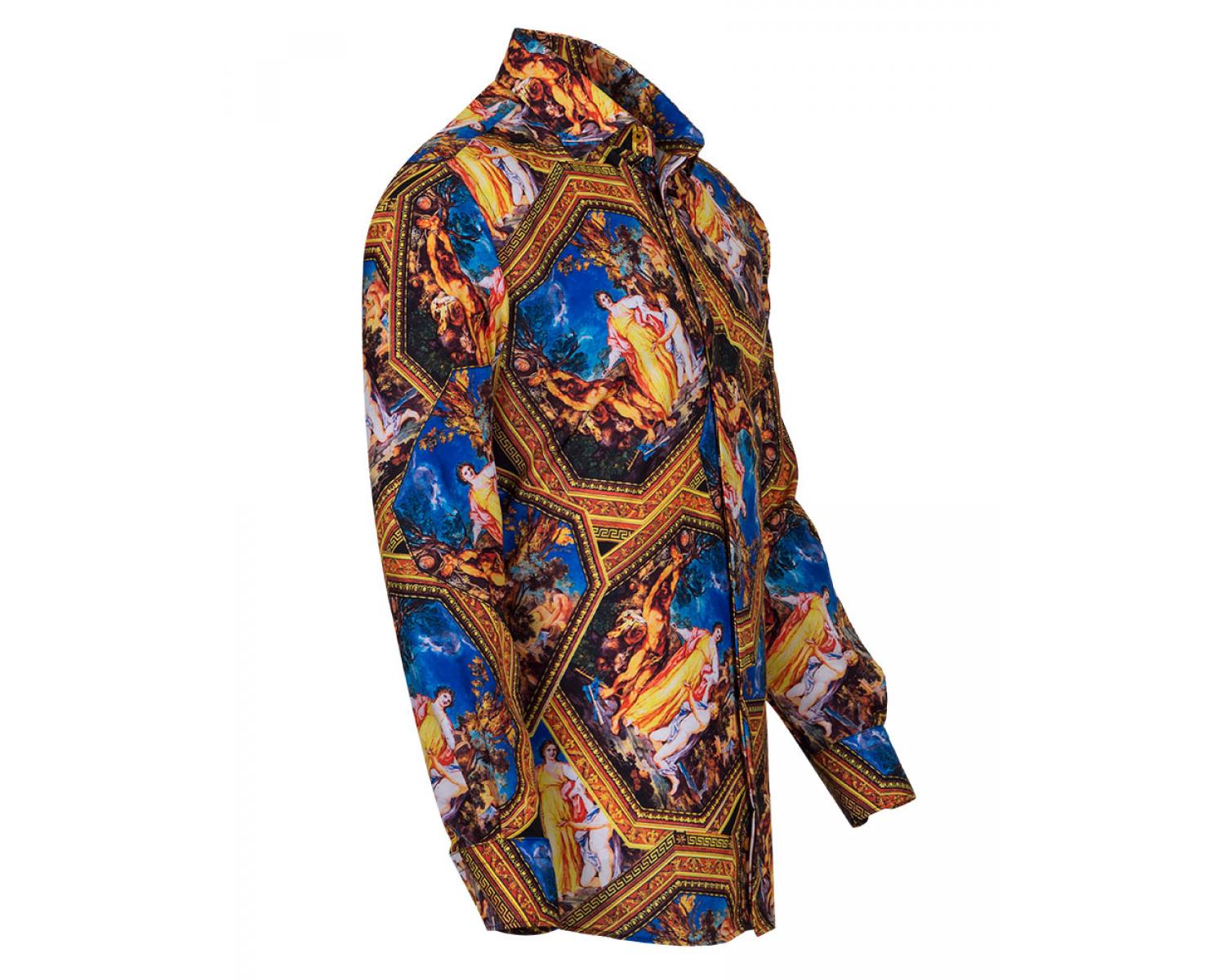 SL 6656 Men's blue & yellow Renaissance print long sleeved satin shirt -  Quality Designed Shirts